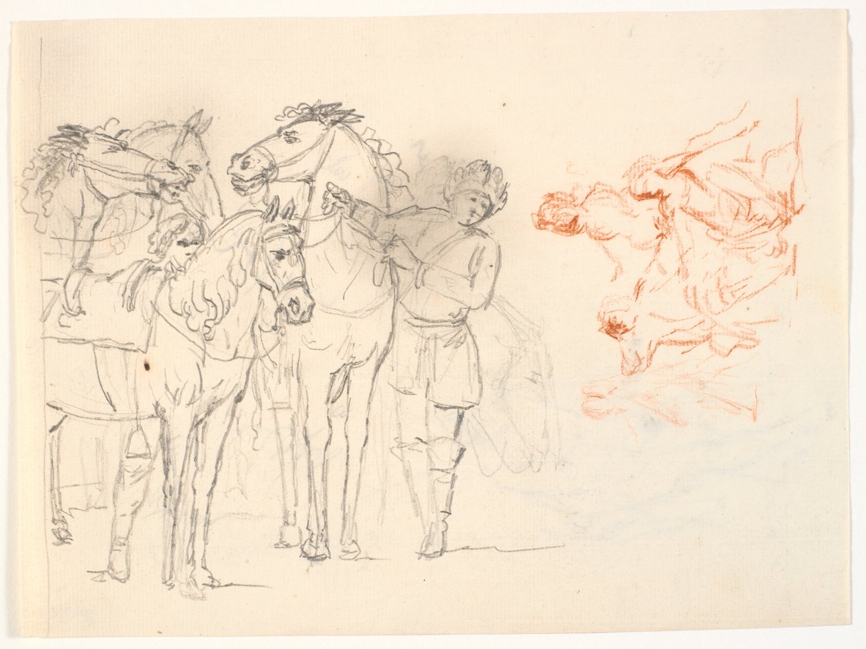 Deux esquisses. À gauche, une esquisse au crayon avec des chevaux et deux hommes. À droite, une esquisse à la sanguine avec un groupe de figures - C.A. Lorentzen