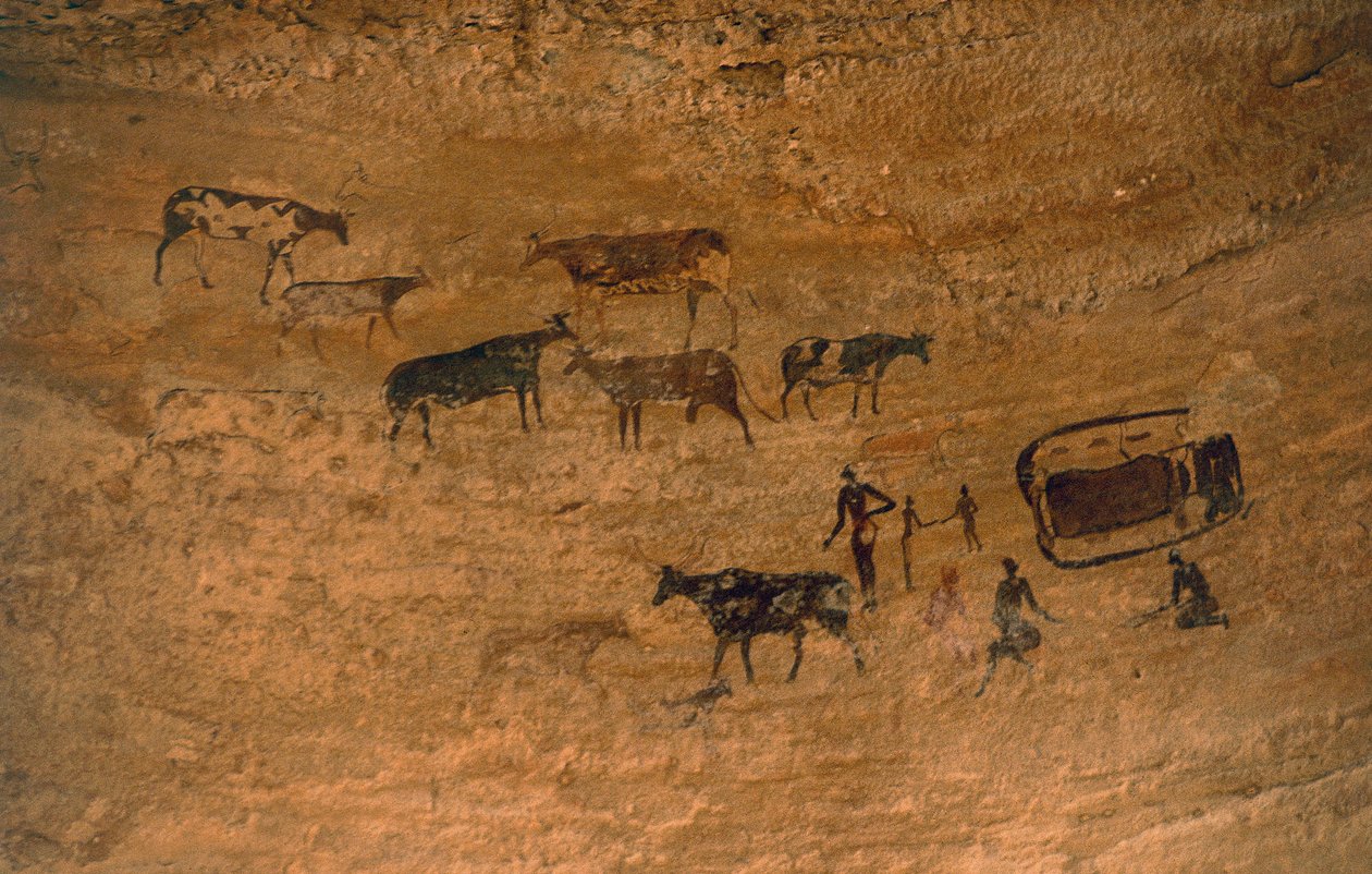 Scène de vie quotidienne avec du bétail, art rupestre, Tassili n