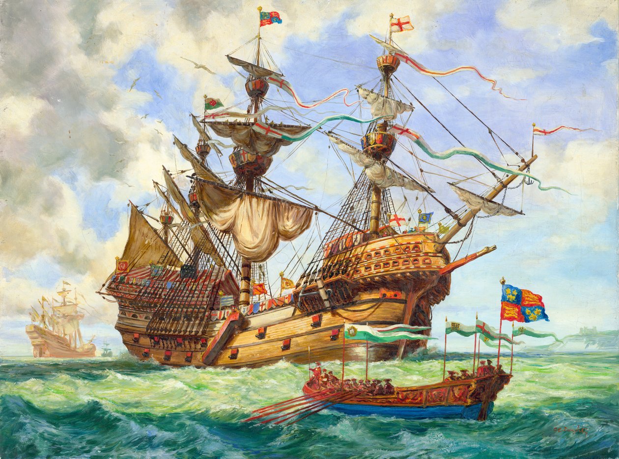 Le Great Harry, navire amiral de la flotte du roi Henri, arborant plusieurs de ses 251 canons (gouache sur papier) - C.L. Doughty