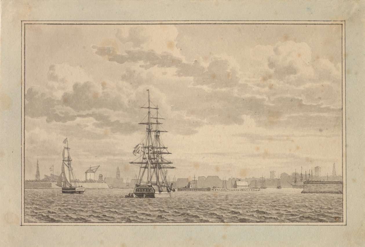 Copenhague vue du port extérieur avec une brigantine à l