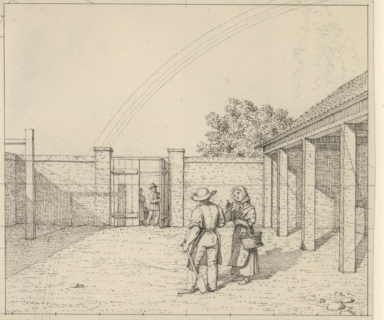 Perspective linéaire appliquée à la peinture - Ébauche pour une version non utilisée de la Table V,2 - Arc-en-ciel sur la cour. - Christoffer Wilhelm Eckersberg