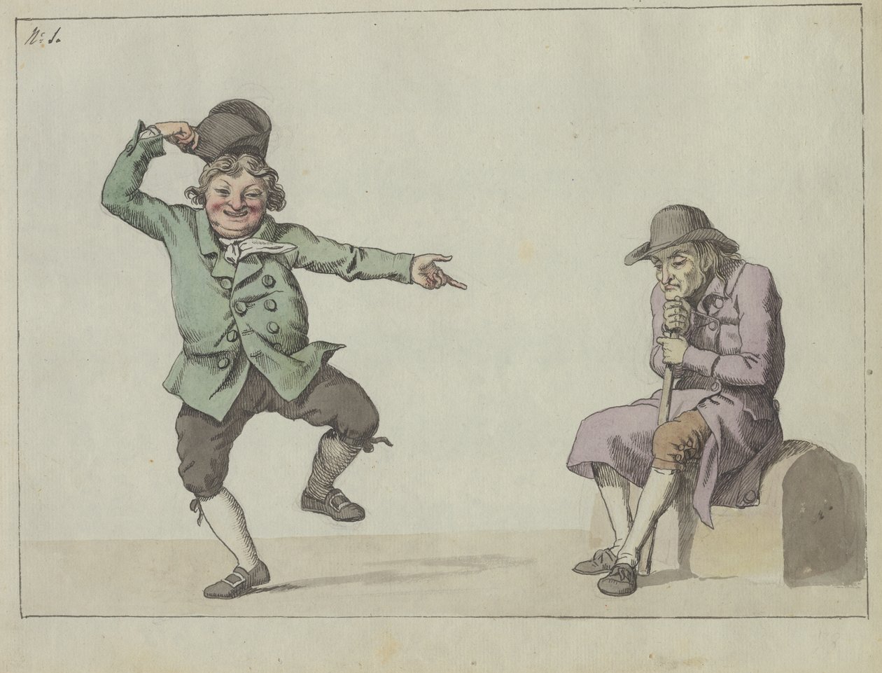 Feuille satirique; un homme saute et rit, en pointant du doigt un vieil homme assis - Christoffer Wilhelm Eckersberg