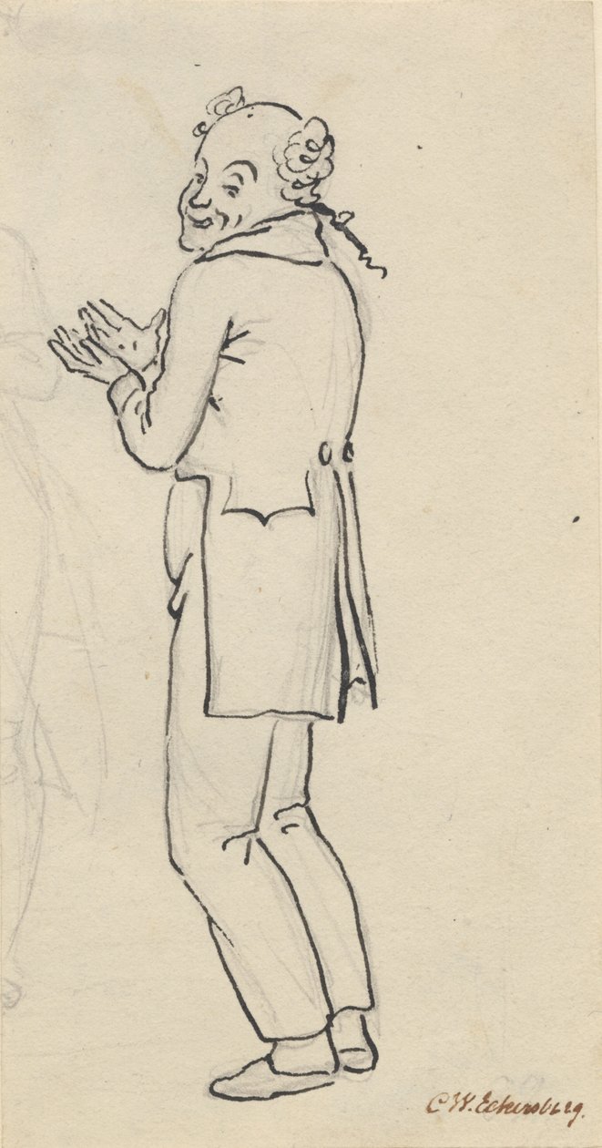 Feuille satirique ; un homme souriant, vu de côté, avec les deux mains devant la poitrine, et partie d