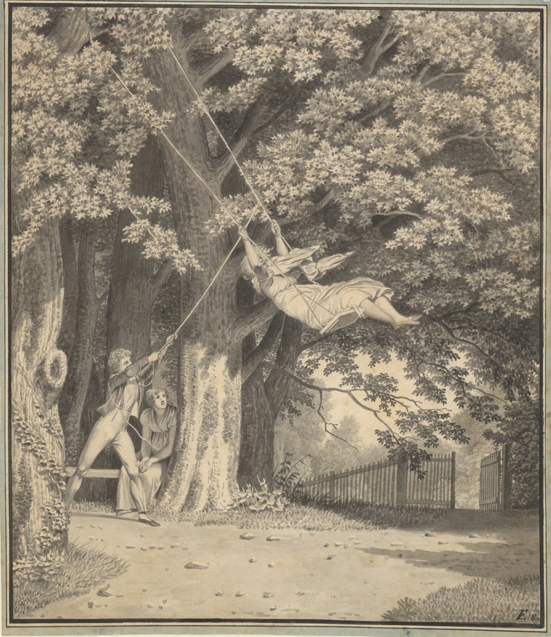 Les bois de Skjoldnæsholm avec un jeune homme qui balance une jeune fille - Christoffer Wilhelm Eckersberg