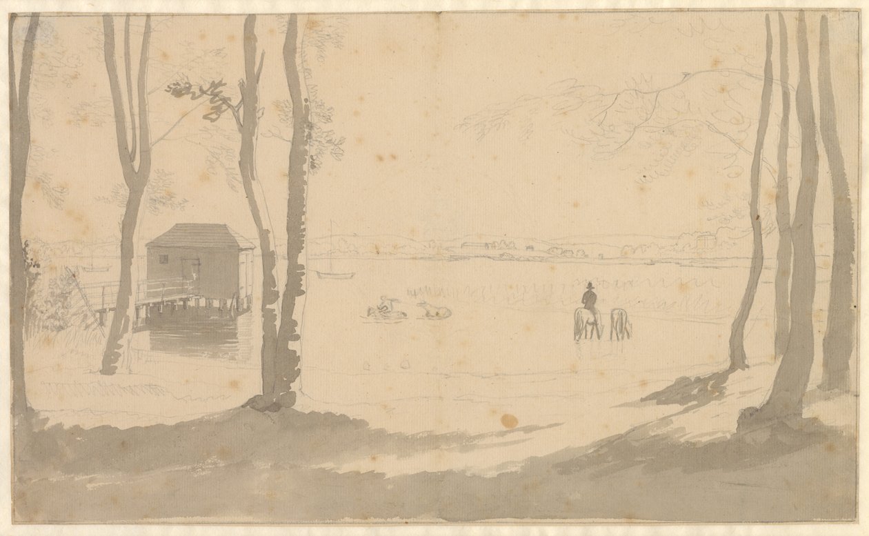 Vue sur un lac, à gauche une maison de bain, au centre des cavaliers abreuvent des chevaux, premier plan boisé - Christoffer Wilhelm Eckersberg