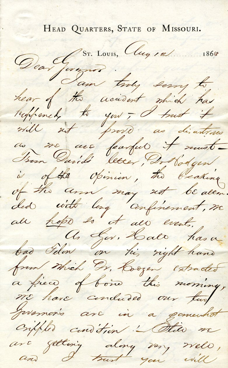 Lettre signée C.C. Bailey, Quartier Général, État du Missouri, St. Louis, au Gouverneur [Hamilton R. Gamble], 12 août 1863 - C. C. Bailey