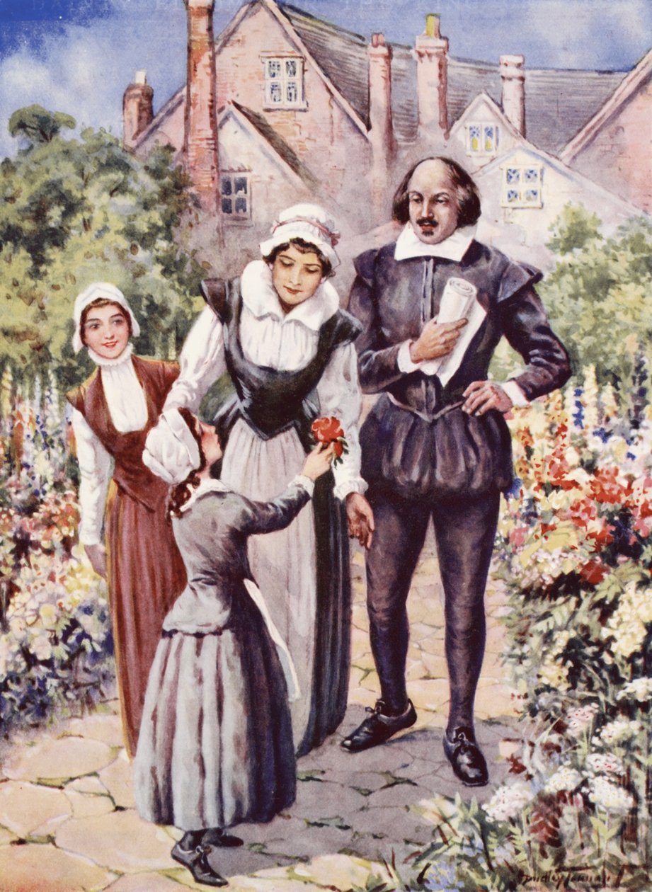 William Shakespeare, avec sa femme et ses deux filles, dans le jardin de New Place, Stratford-upon-Avon - C. Dudley Tennant