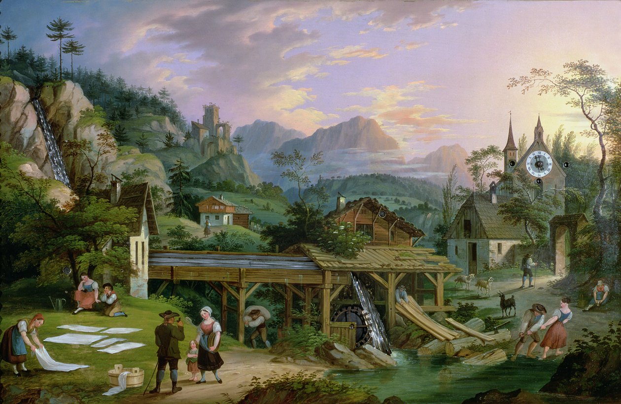 Horloge avec scène de paysage de village alpin avec mécanisme d