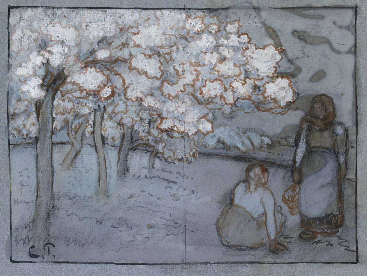 Étude compositionnelle de deux paysannes conversant dans un verger, vers 1894 - Camille Jacob Pissarro