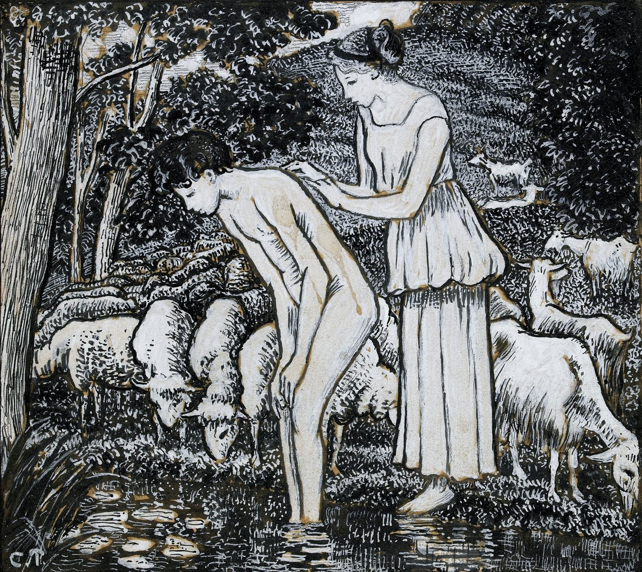 Chloé lavant Daphnis à un ruisseau, étude de composition pour une illustration, vers 1895 - Camille Pissarro