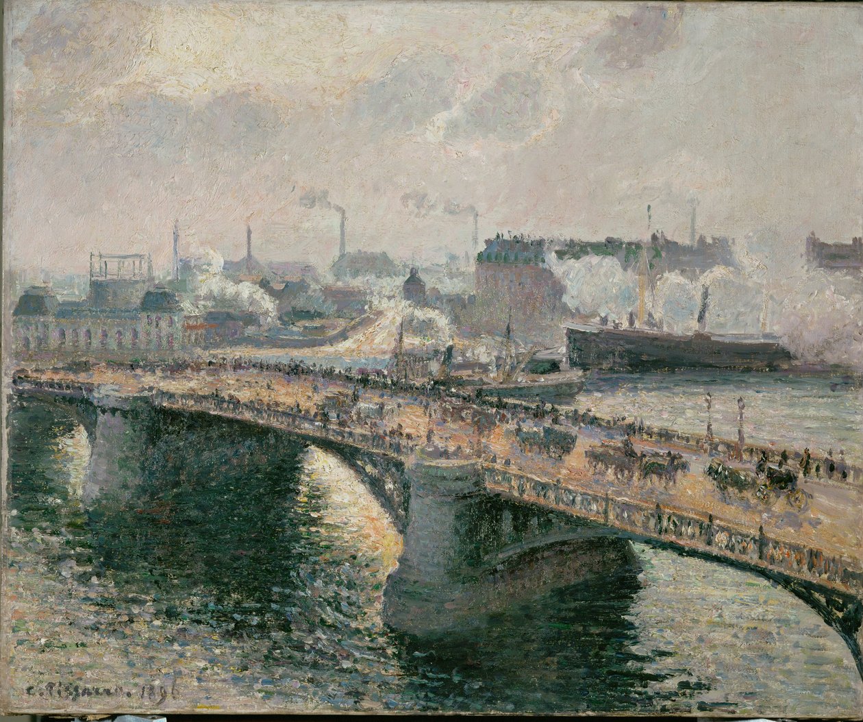 Coucher de soleil par temps de brouillard sur le pont Boieldieu à Rouen (huile sur toile) - Camille Pissarro