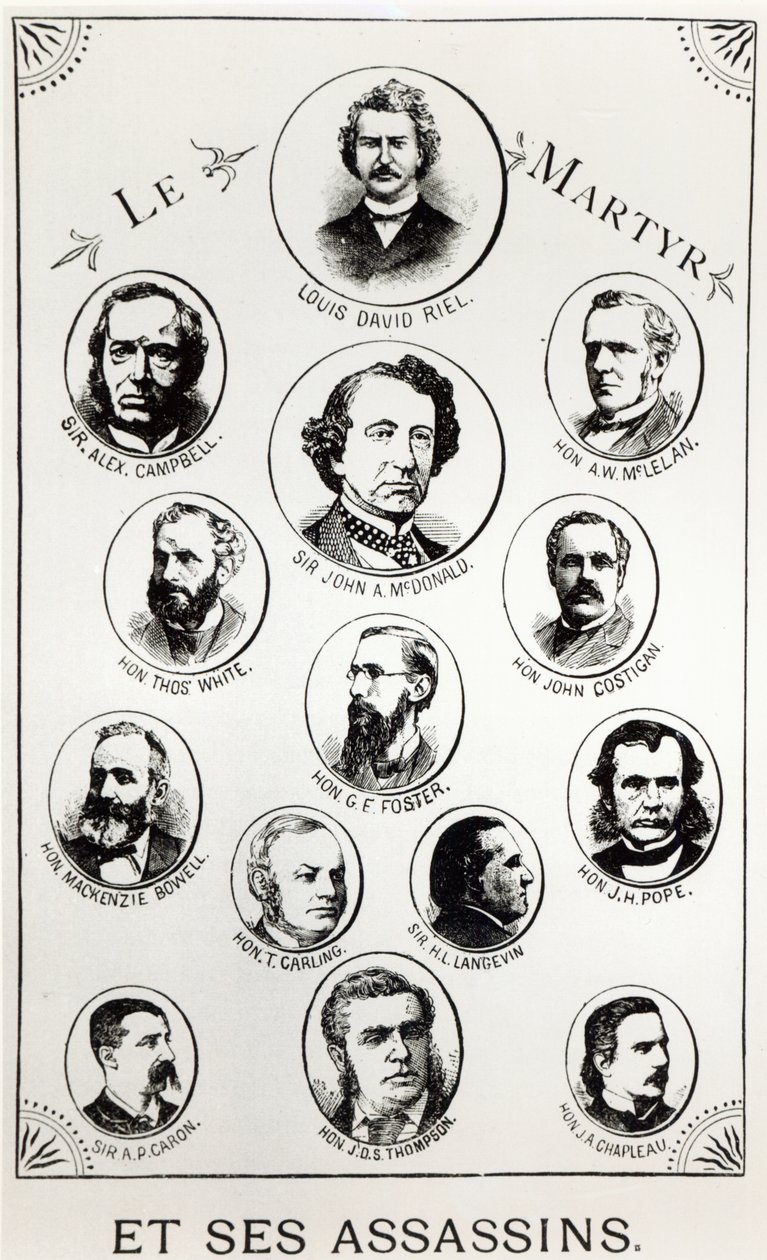 Louis Riel (1844-85) et ses assassins, illustration du Gibet de Regina, publiée en 1886 - Canadian School