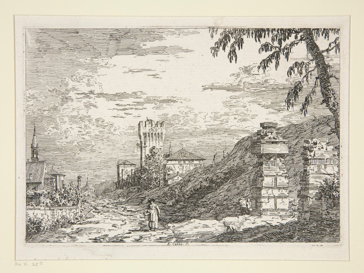 Paysage avec tour et deux piliers en ruine, de la série Vedute - Canaletto (Giovanni Antonio Canal)