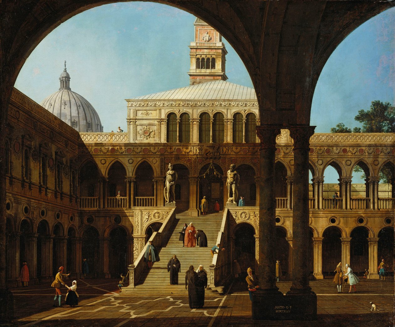 Canaletto - Capriccio Vue de la cour du Palazzo Ducale avec la Scala dei Giganti Signé et daté 1744 - Canaletto