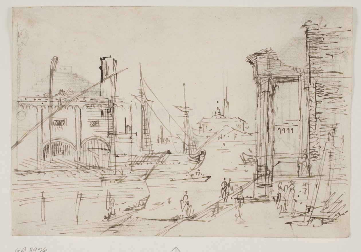 Capriccio avec des ruines classiques sur un quai, une maison de bateaux, deux galères, deux mâts d