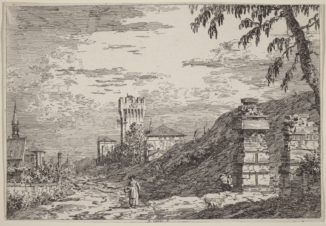 Paysage avec une tour et deux piliers en ruines - Canaletto