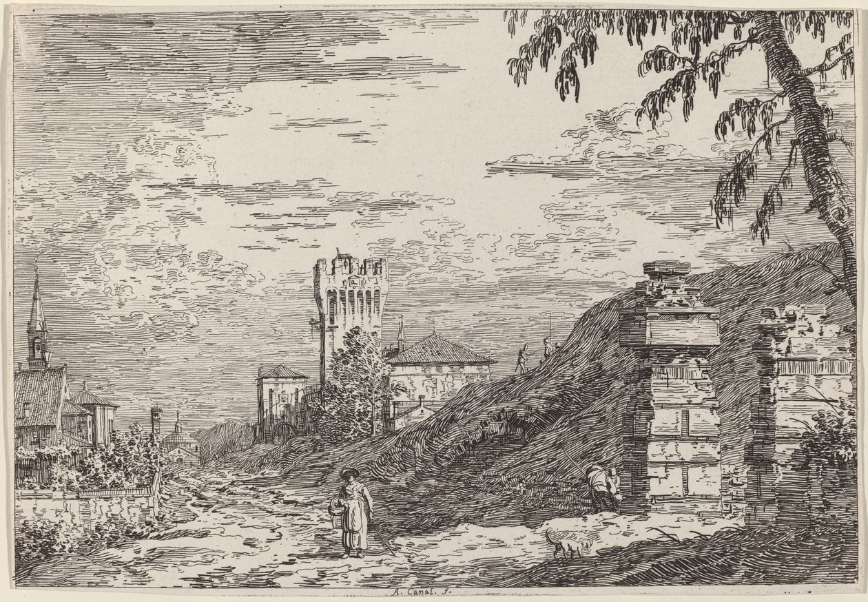 Paysage avec tour et deux piliers en ruine, vers 1735-1746 - Canaletto