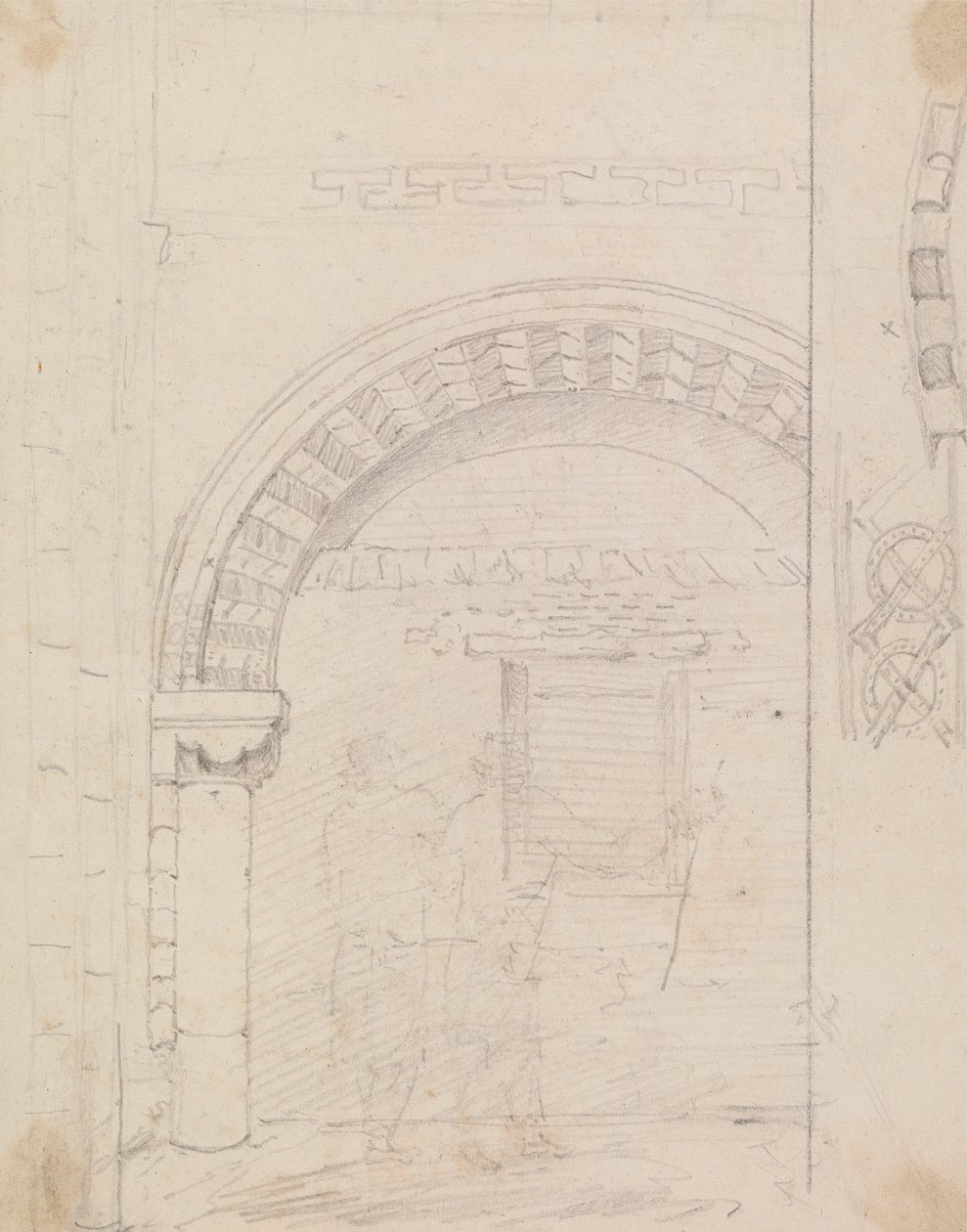 Croquis de figures debout sous une arche de pierre - Capt. Thomas Hastings