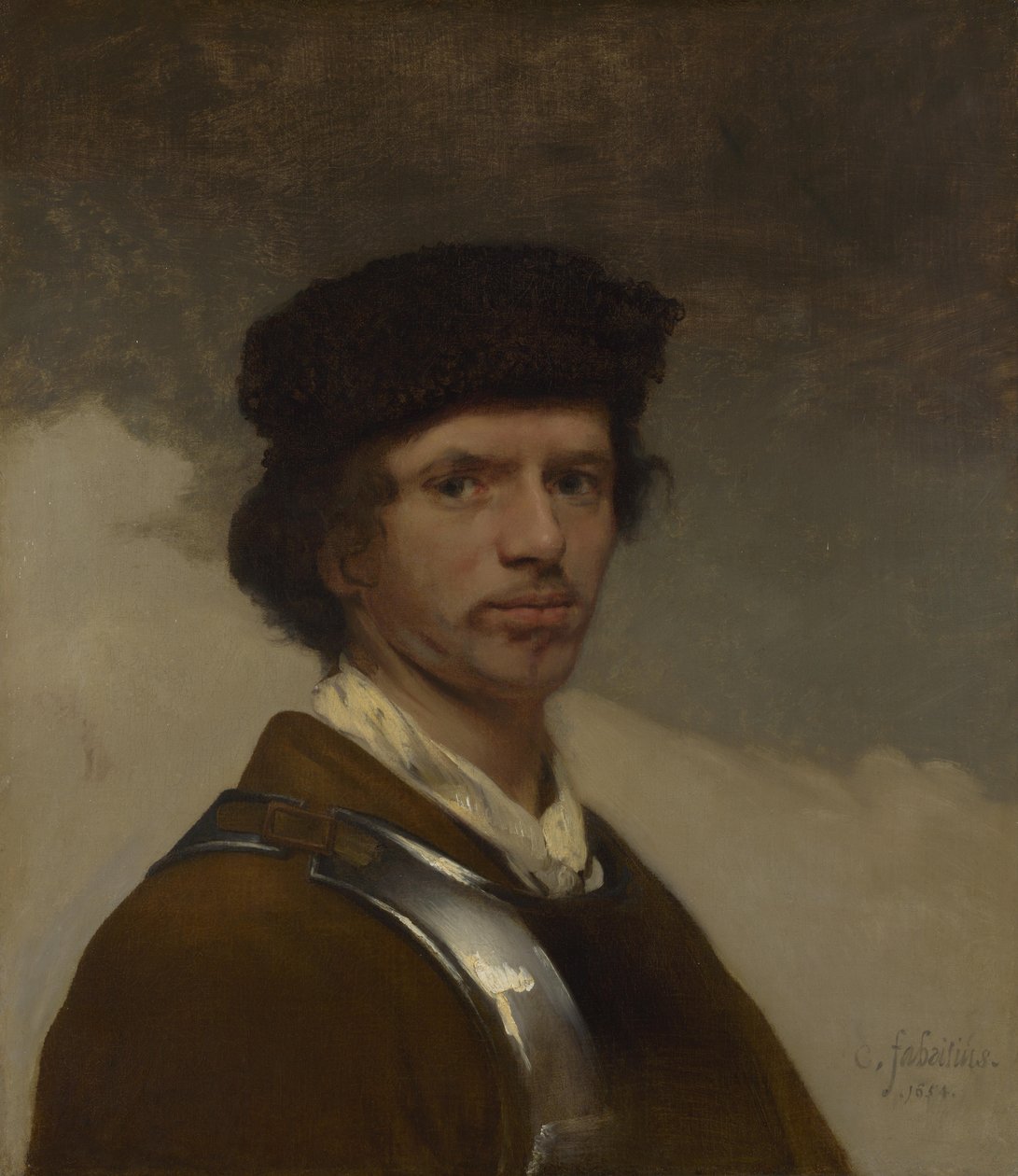 Un jeune homme avec un bonnet de fourrure et une cuirasse (probablement un autoportrait) - Carel Fabritius