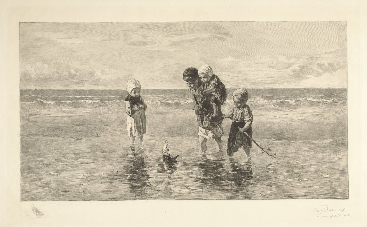 Quatre enfants jouant avec un bateau jouet sur la plage - Carel Lodewijk Dake