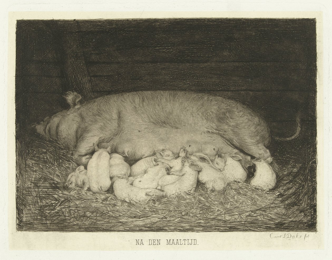 Truie avec porcelets allongés dans une étable - Carel Lodewijk Dake