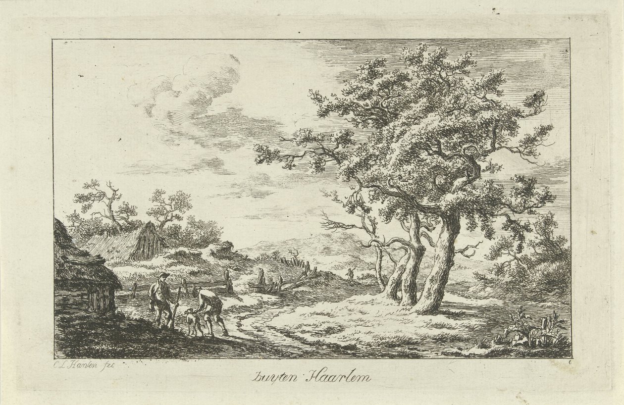 Chasseurs avec un chien sur un chemin - Carel Lodewijk Hansen