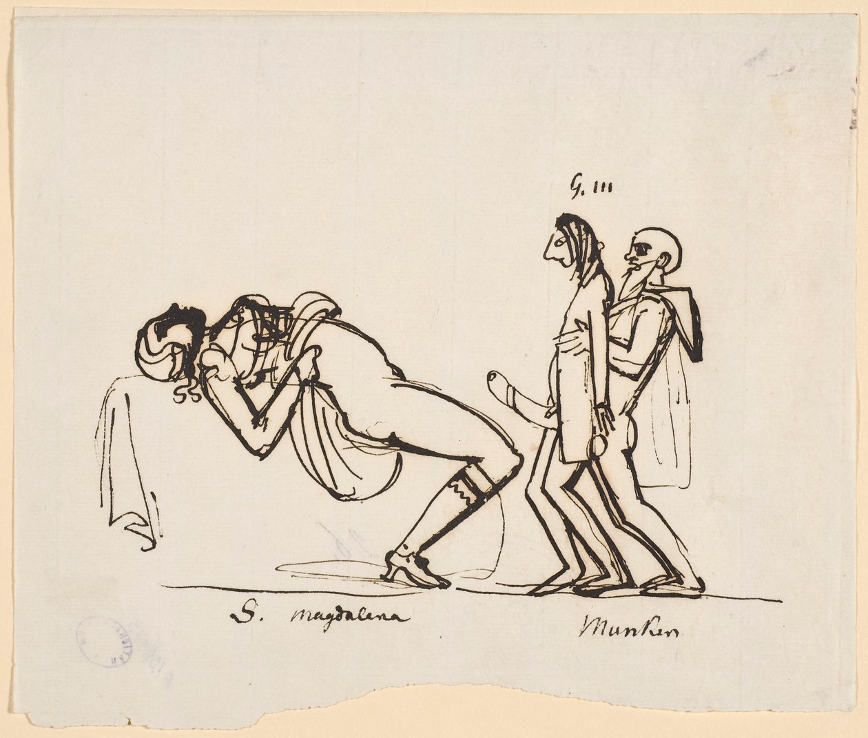 Caricature de la tentative de Gustav III de produire un héritier. Adolf Fredrick Munck aide Gustav lors de son premier rapport sexuel avec Sofia Magdalena (Carl August Ehrensvärd, vers les années 1770) - Carl August Ehrensvärd
