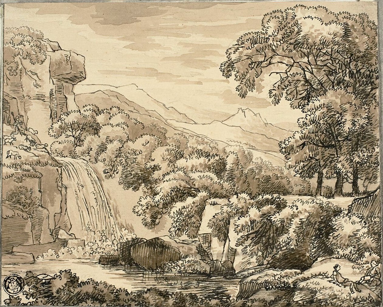 Paysage de montagne avec cascade et personnages - Carl August Lebschee
