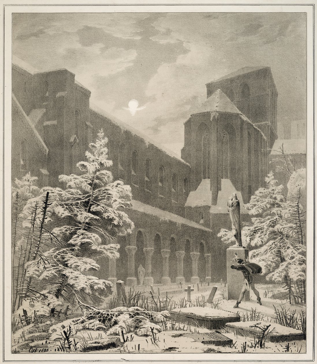 Église et cimetière dans la neige au clair de lune - Carl Blechen
