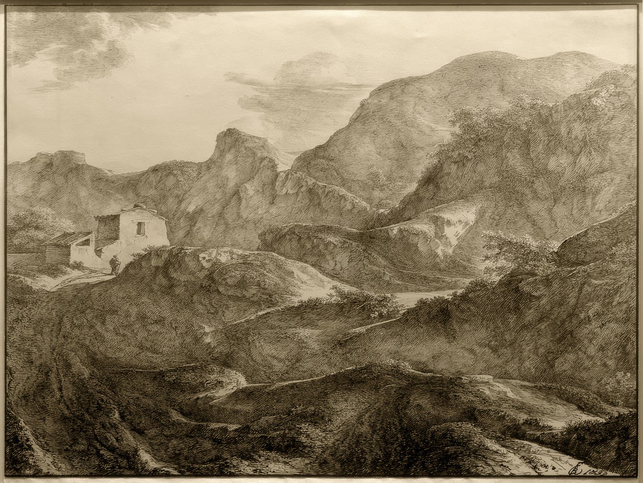 Paysage montagneux, à gauche une maison avec un randonneur devant - Carl Friedrich von Rumohr