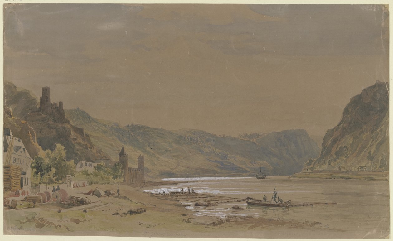 Vue de Sankt Goarshausen avec le château de Maus, et en arrière-plan, le rocher de la Lorelei - Carl Morgenstern