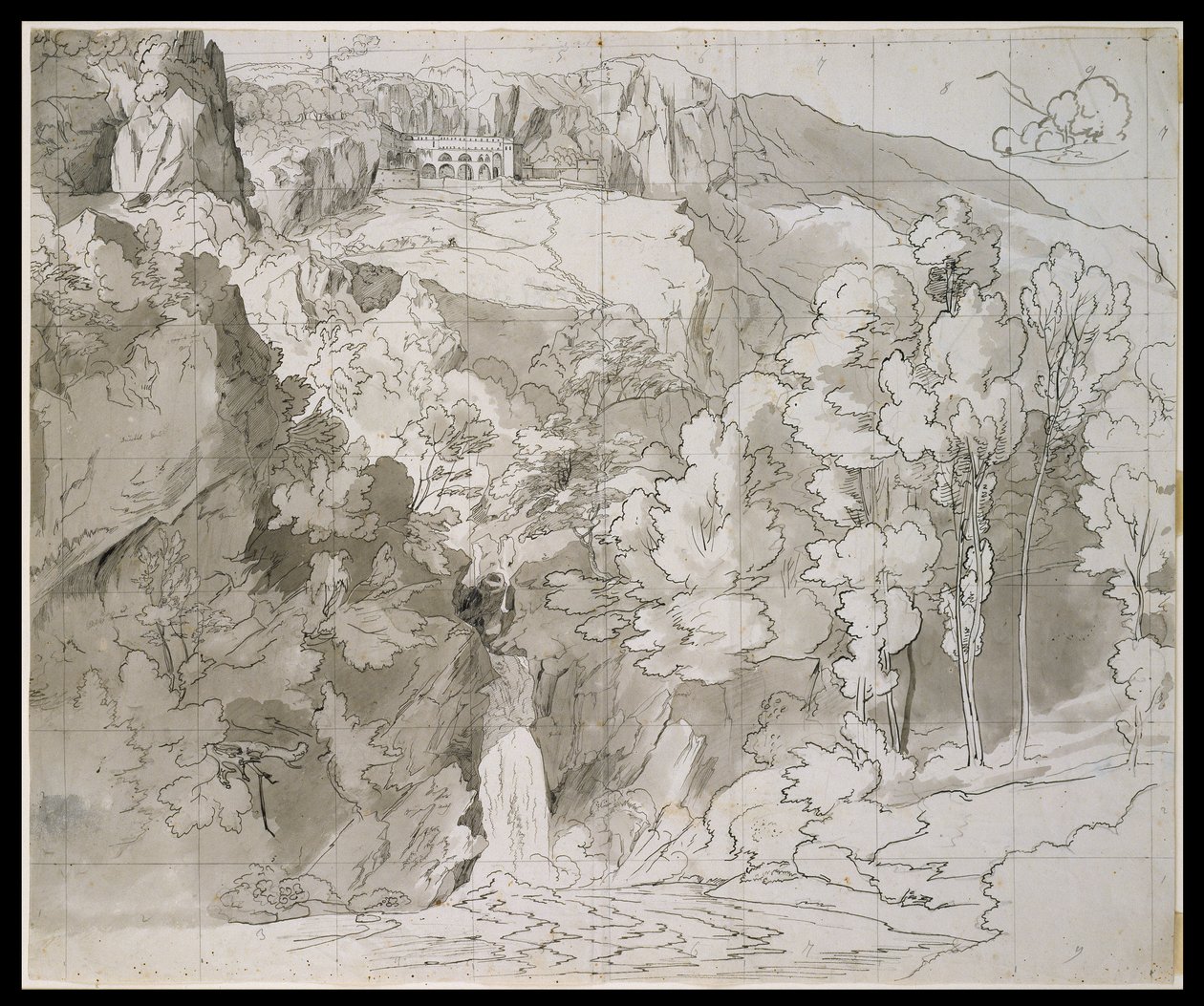 Paysage près de Subiaco avec une cascade et le monastère de San Benedetto - Carl Philipp Fohr