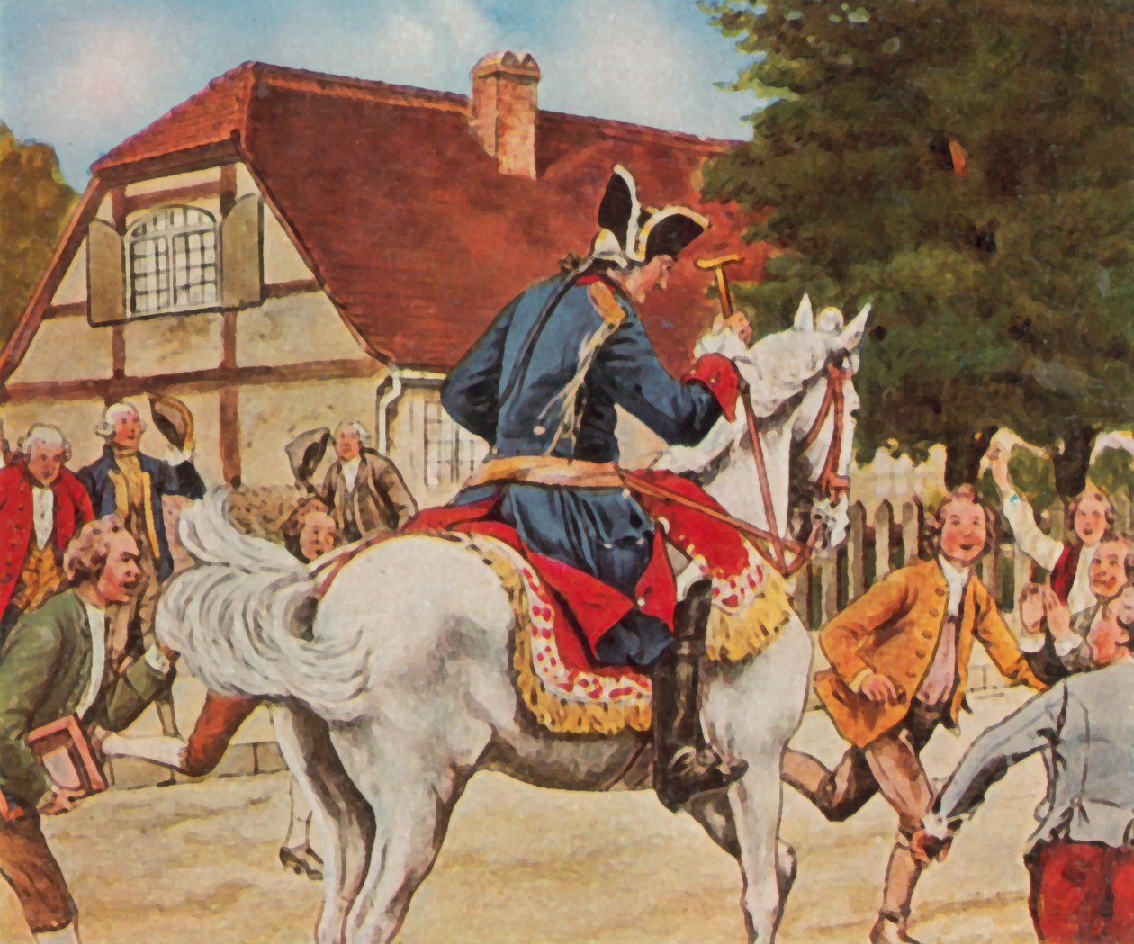 Le roi Frédéric et les écoliers de Potsdam (lithographie couleur améliorée) - Carl Rochling