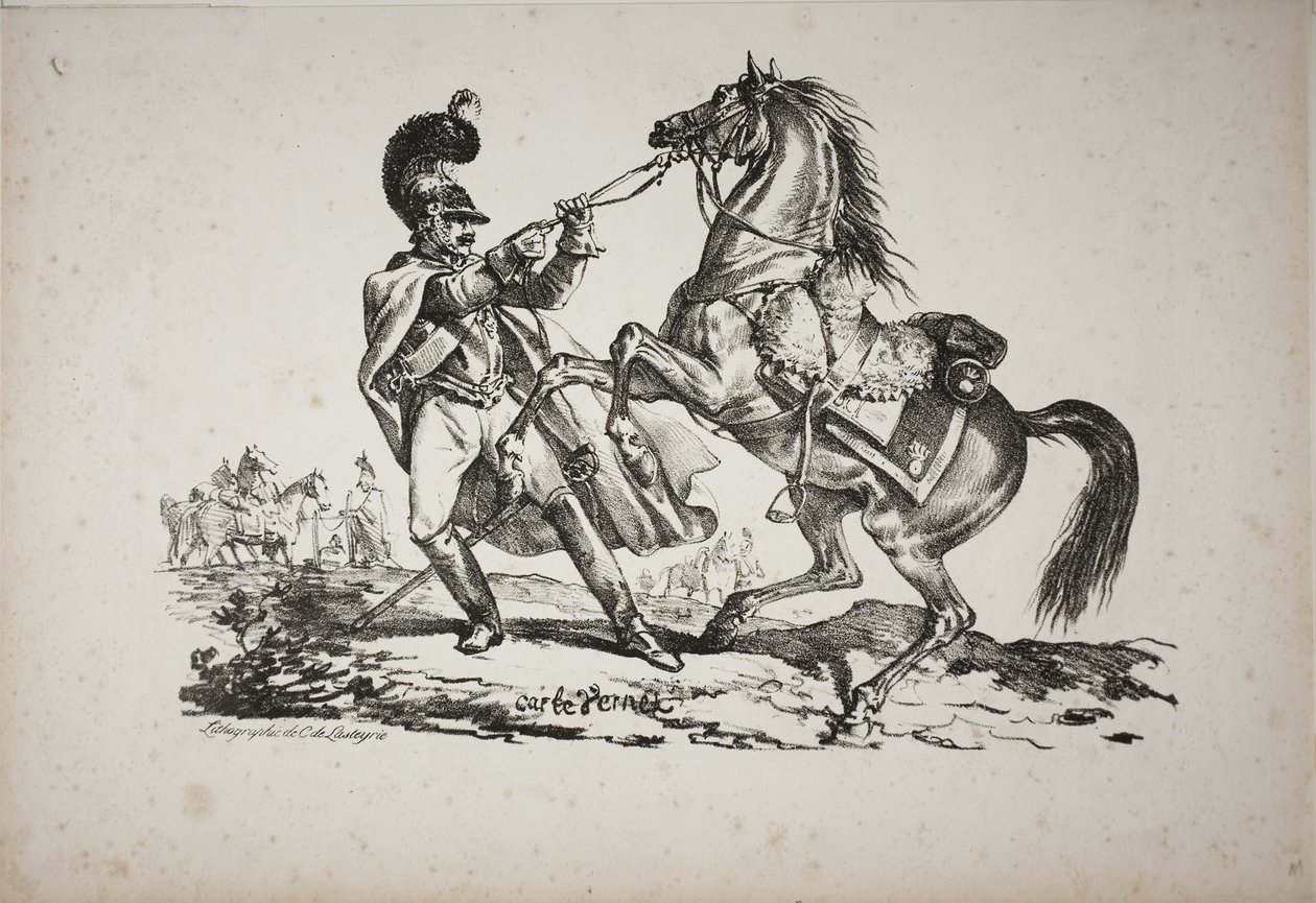 Cuirassier à pied retenant son cheval cabré - Carle Vernet