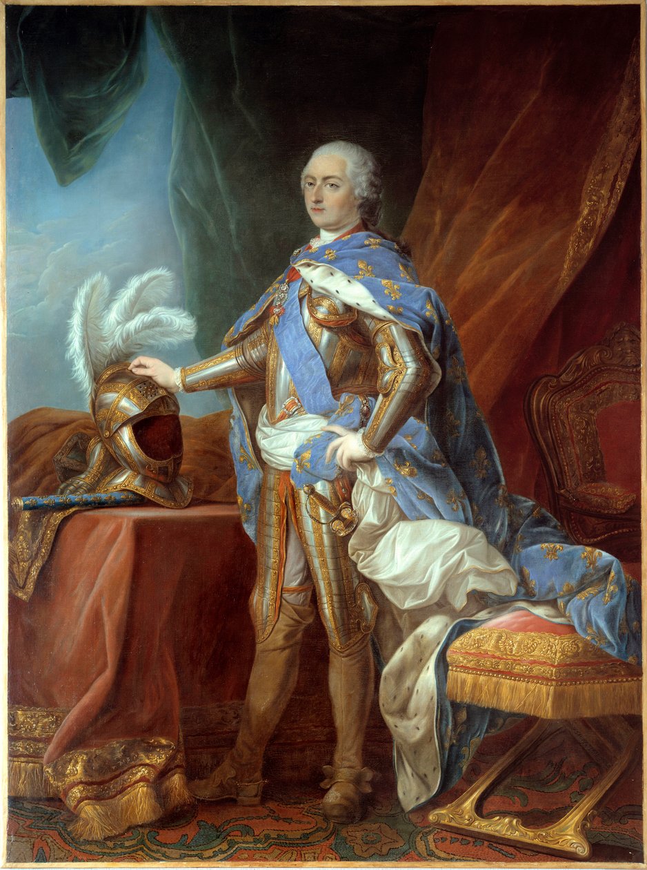 Portrait en pied de Louis XV (1710-1774), en armure, main posée sur un casque - Carle van Loo