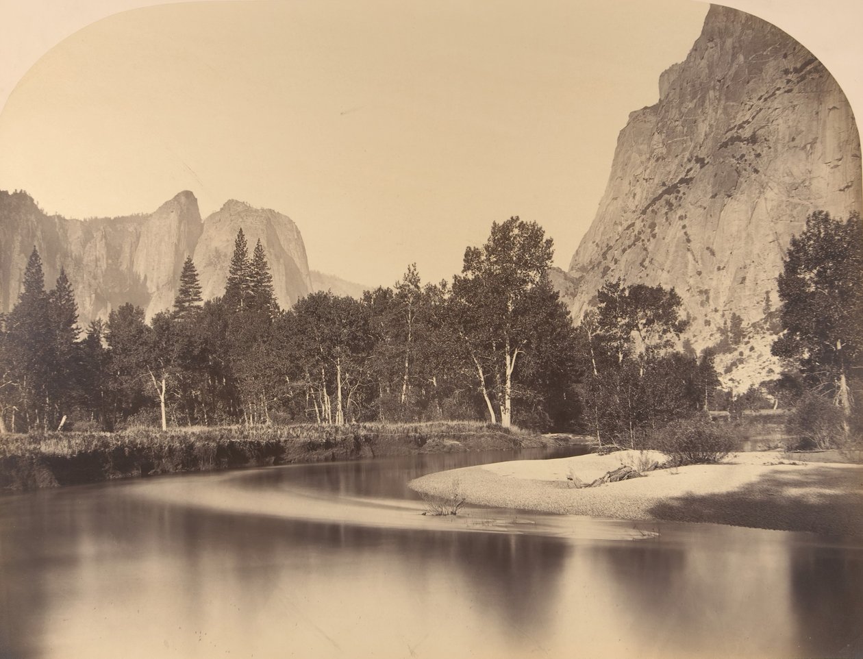 Vue de la rivière, en bas de la vallée, Cathedral Rock à gauche, 1861, Yosemite - Carleton Emmons Watkins