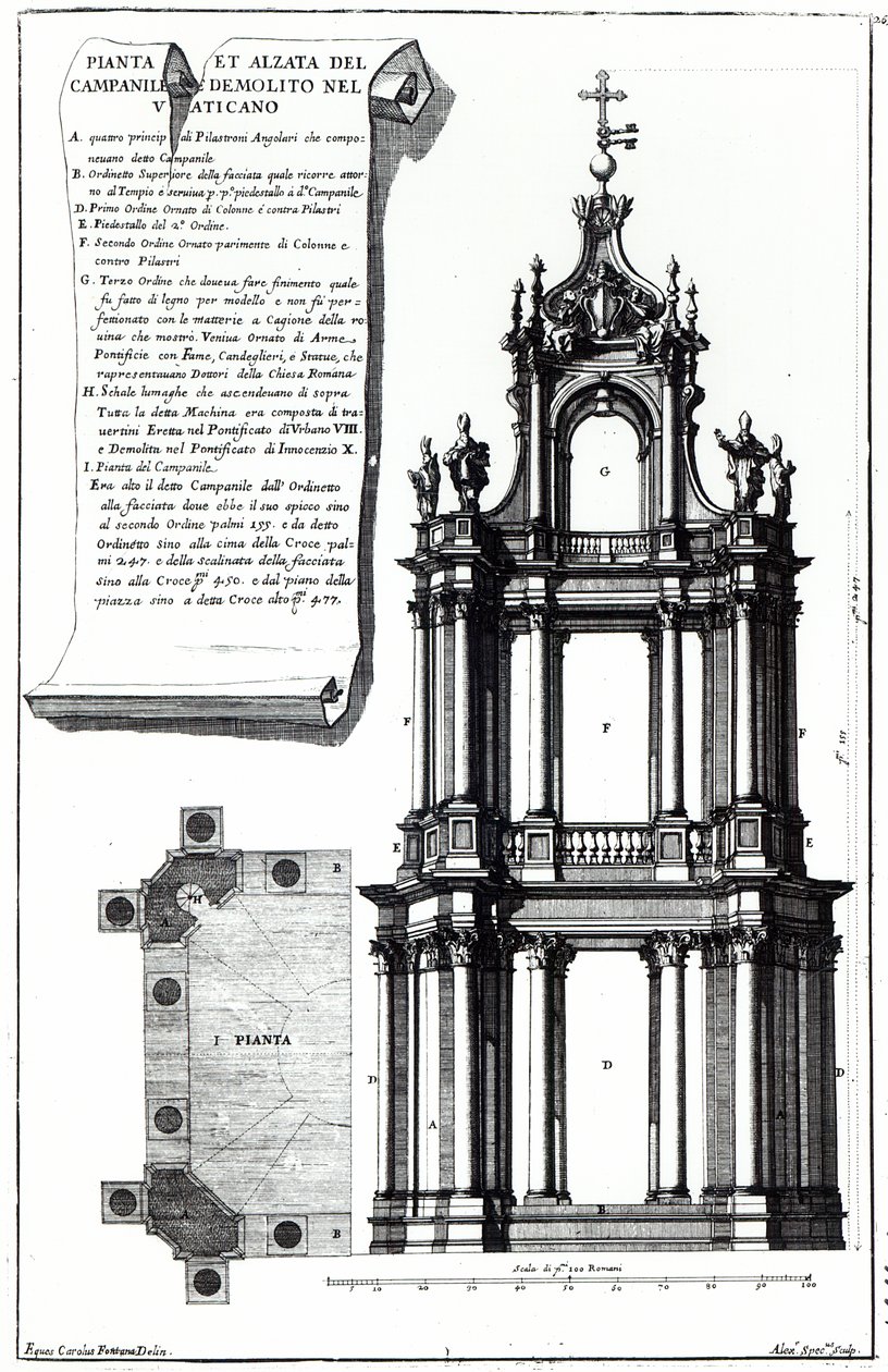 Un campanile conçu pour Saint-Pierre, Rome, gravé par Alessandro Specchi - Carlo Fontana