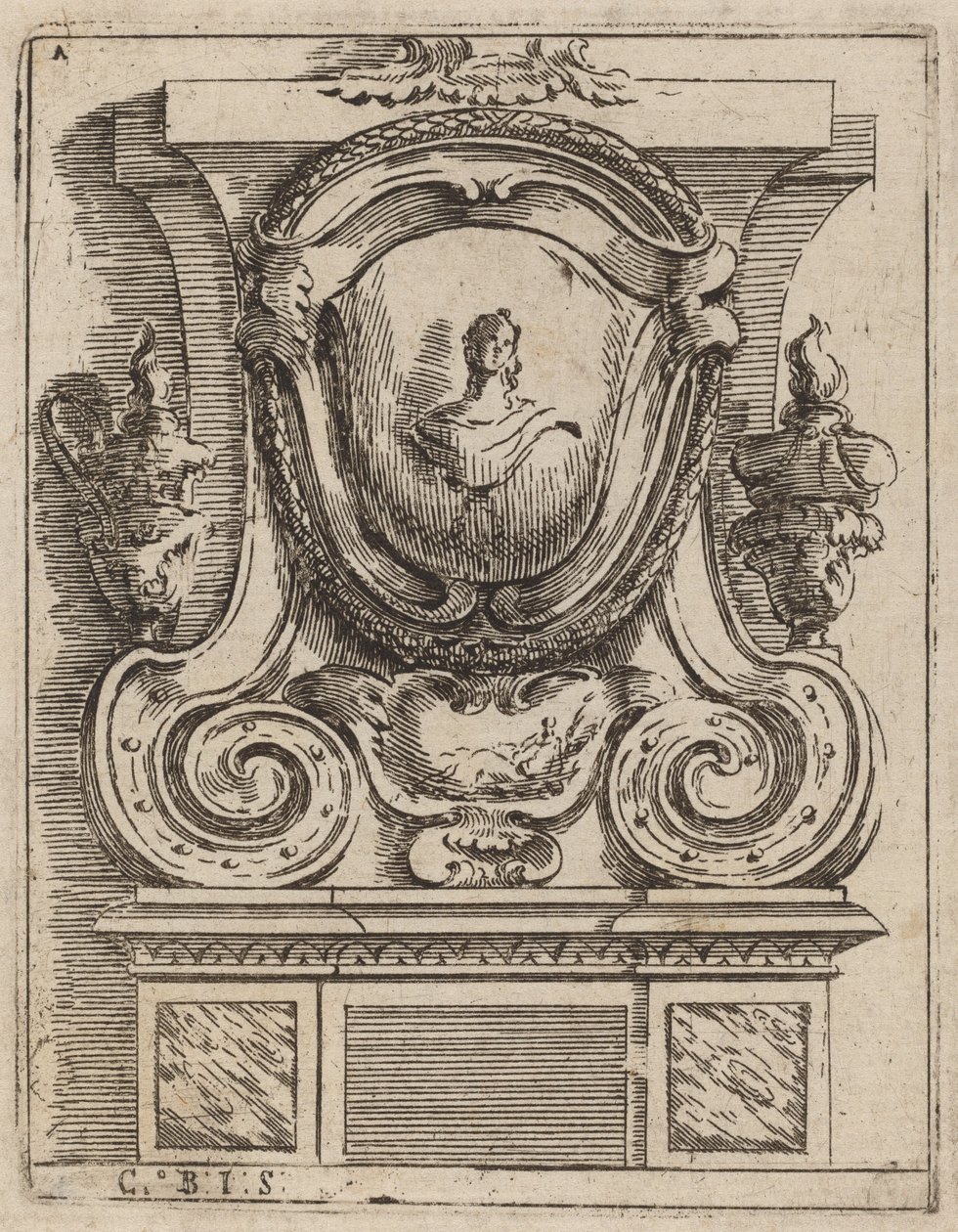 Motif architectural avec buste et deux lampes - Carlo Antonio Buffagnotti