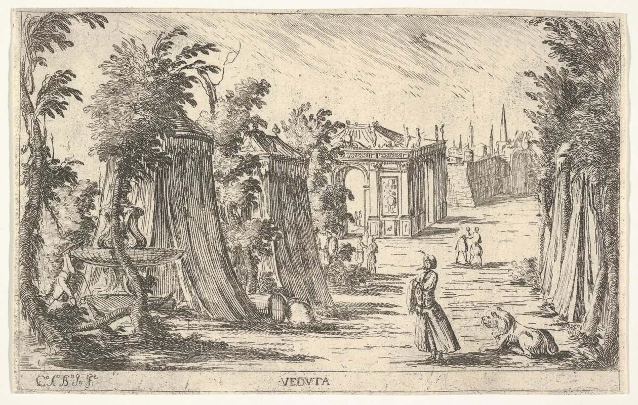 Vue avec un homme en turban et un lion à droite, tentes et architecture classique - Carlo Antonio Buffagnotti