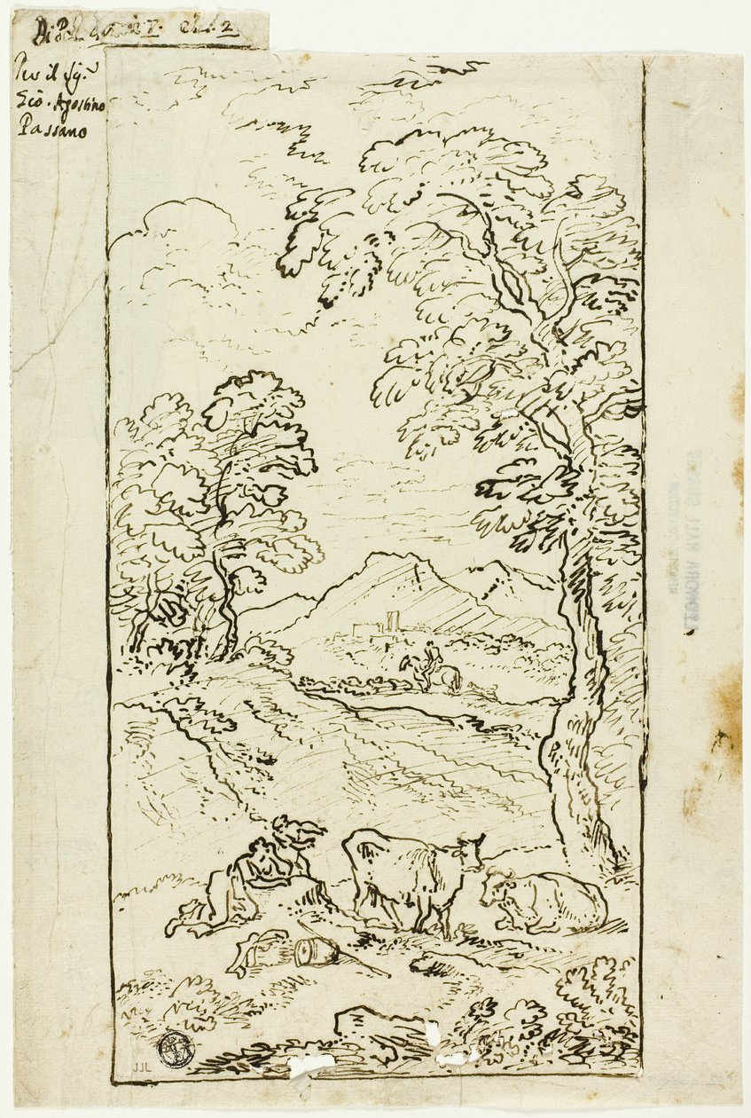 Paysage vallonné avec vaches et bergers au premier plan - Carlo Antonio Tavella