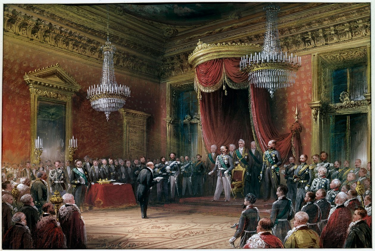 Risorgimento - Carlo Farini (1812-1866) présente à Victor Emmanuel II (Victor Emmanuel) (Vittorio Emanuele) (1820-1878) le pacte d