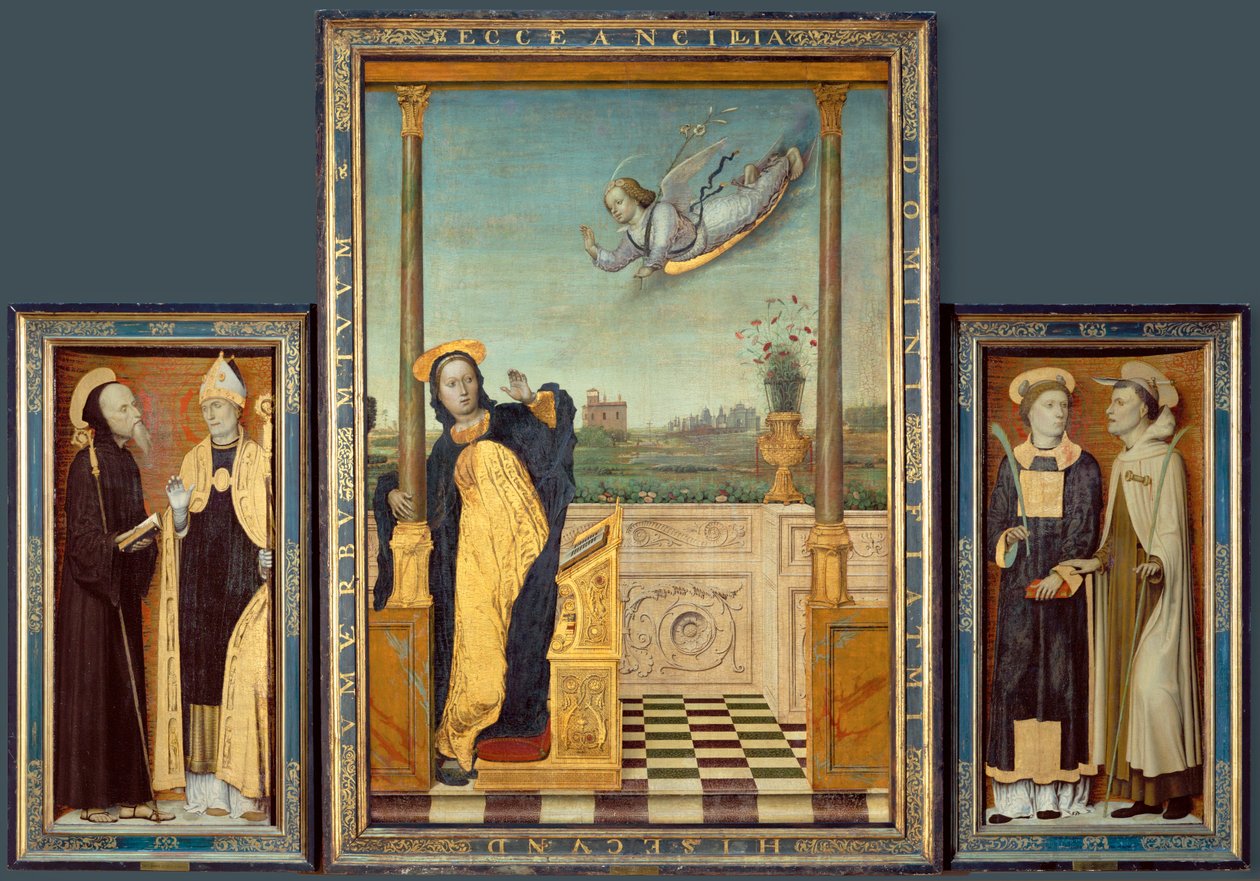 Annonciation, Saints Benoît et Augustin, Saints Étienne et Angélus (peinture sur bois) - Carlo Braccesco