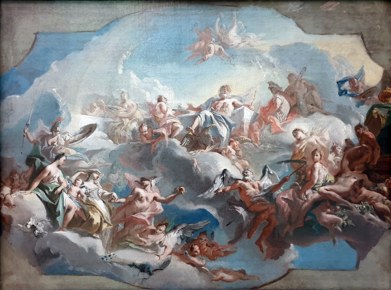 French : Le départ des déesses Junon, Vénus et Minerve, guidées par Mercure, pour le jugement de Paris Departure of the goddesses Juno, Venus and Minerva for the judgment of Paris - Carlo Carlone