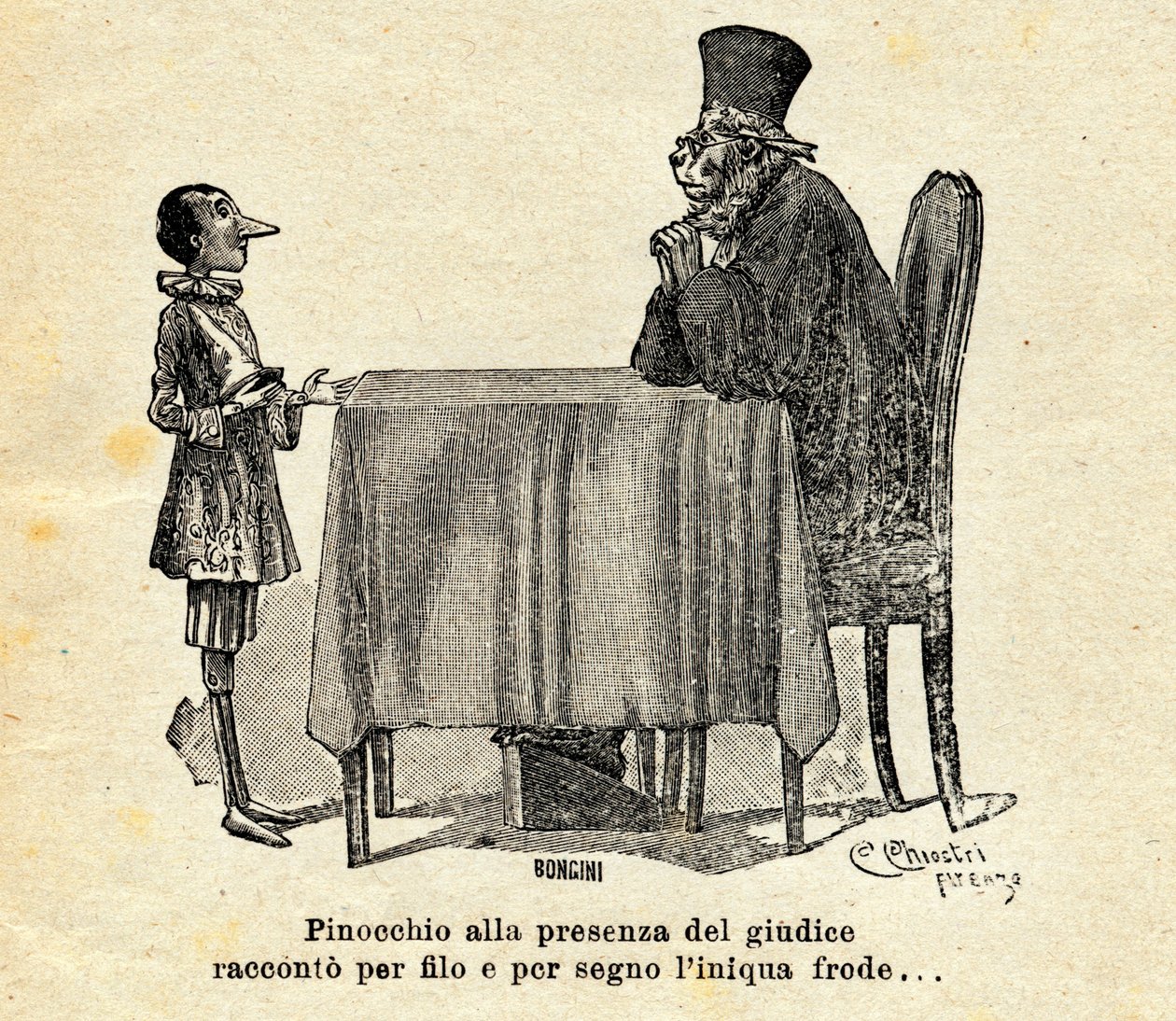 Pinocchio vor dem Richter. Illustration von Carlo Chiostri für den Roman "Die Abenteuer des Pinocchio" von Carlo Collodi von Carlo Chiostri