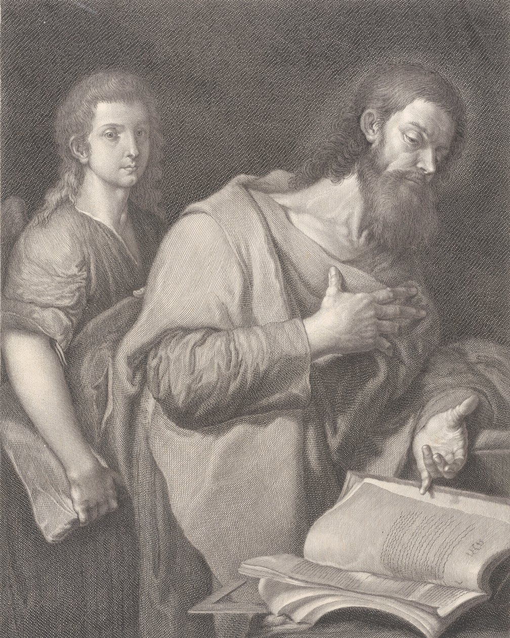 Saint Matthieu, debout devant un livre à droite avec une main sur sa poitrine, un autre homme derrière, 1750-84 - Carlo Faucci