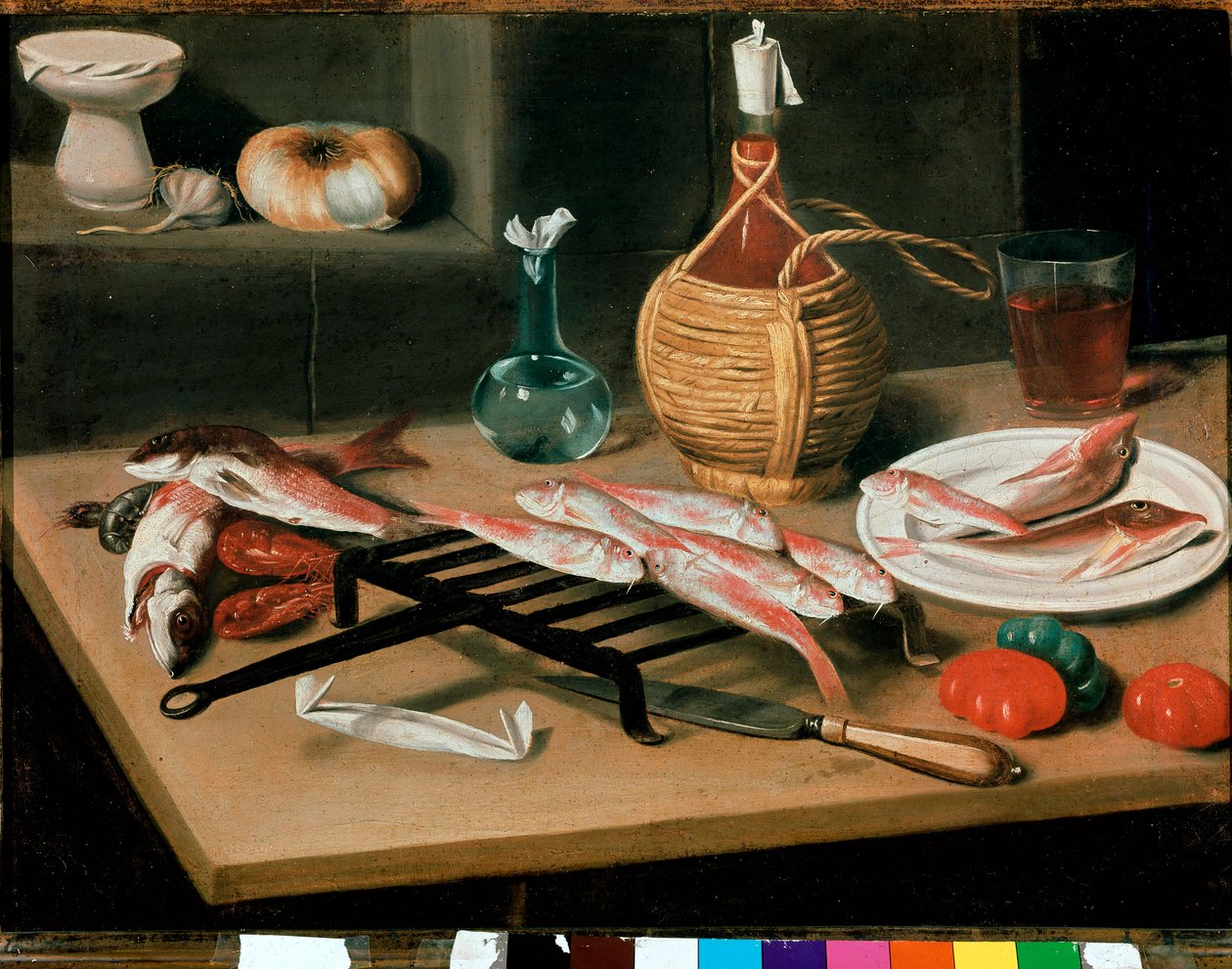 Nature morte avec assiettes de poisson grillé (mulet) et bouteille de vin (damigiana). Peinture de Carlo Magini (1720-1806). Faenza, Pinacoteca comunale - Carlo Magini