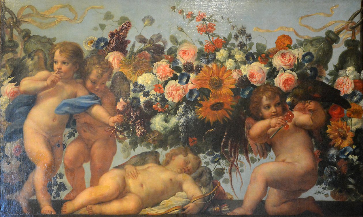 French :  Amour et guirlande de fleurs avec perroquet Cupids and Garlands of Flowers with a Parrot - Carlo Maratta
