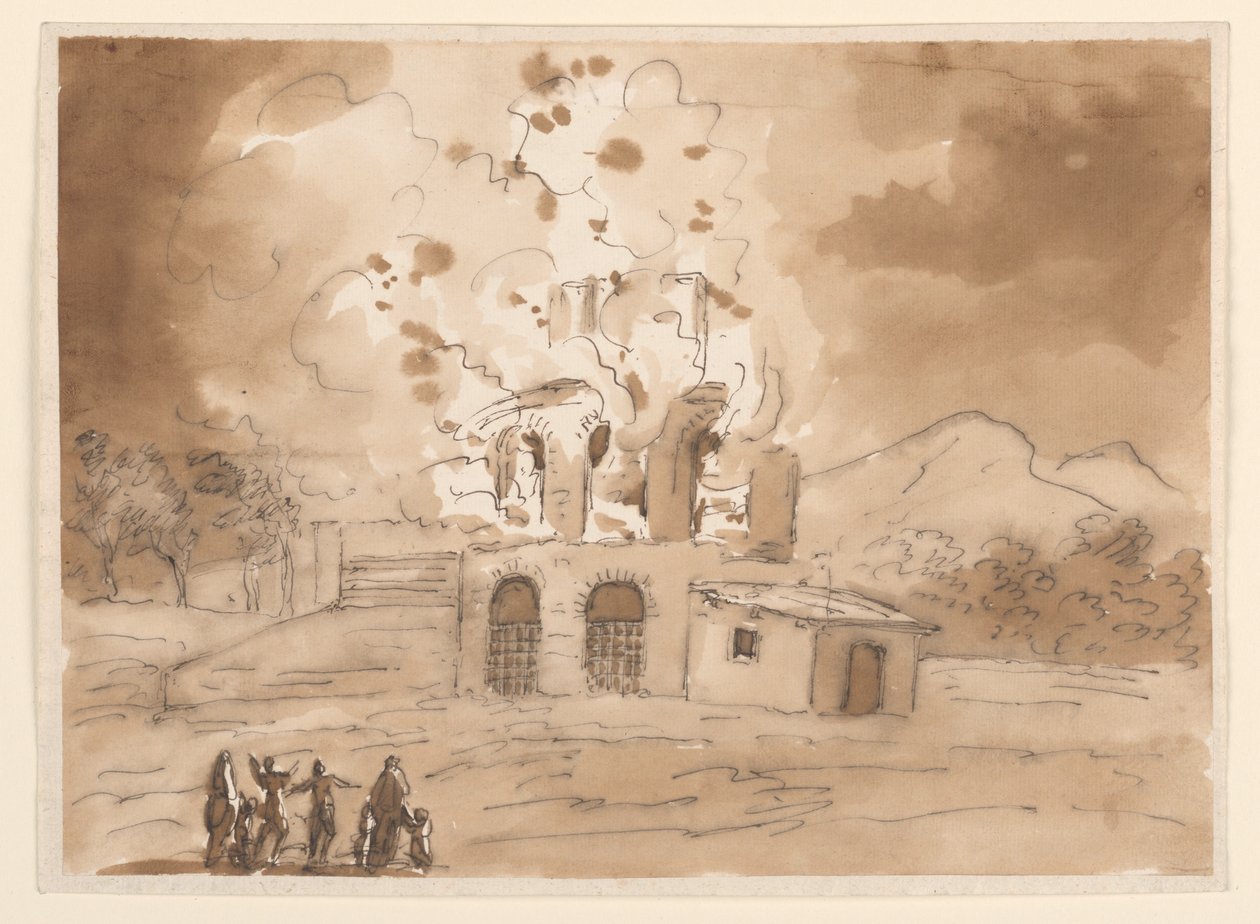 Dessin, Paysage avec une tour en feu, vers 1780 - Carlo Marchionni