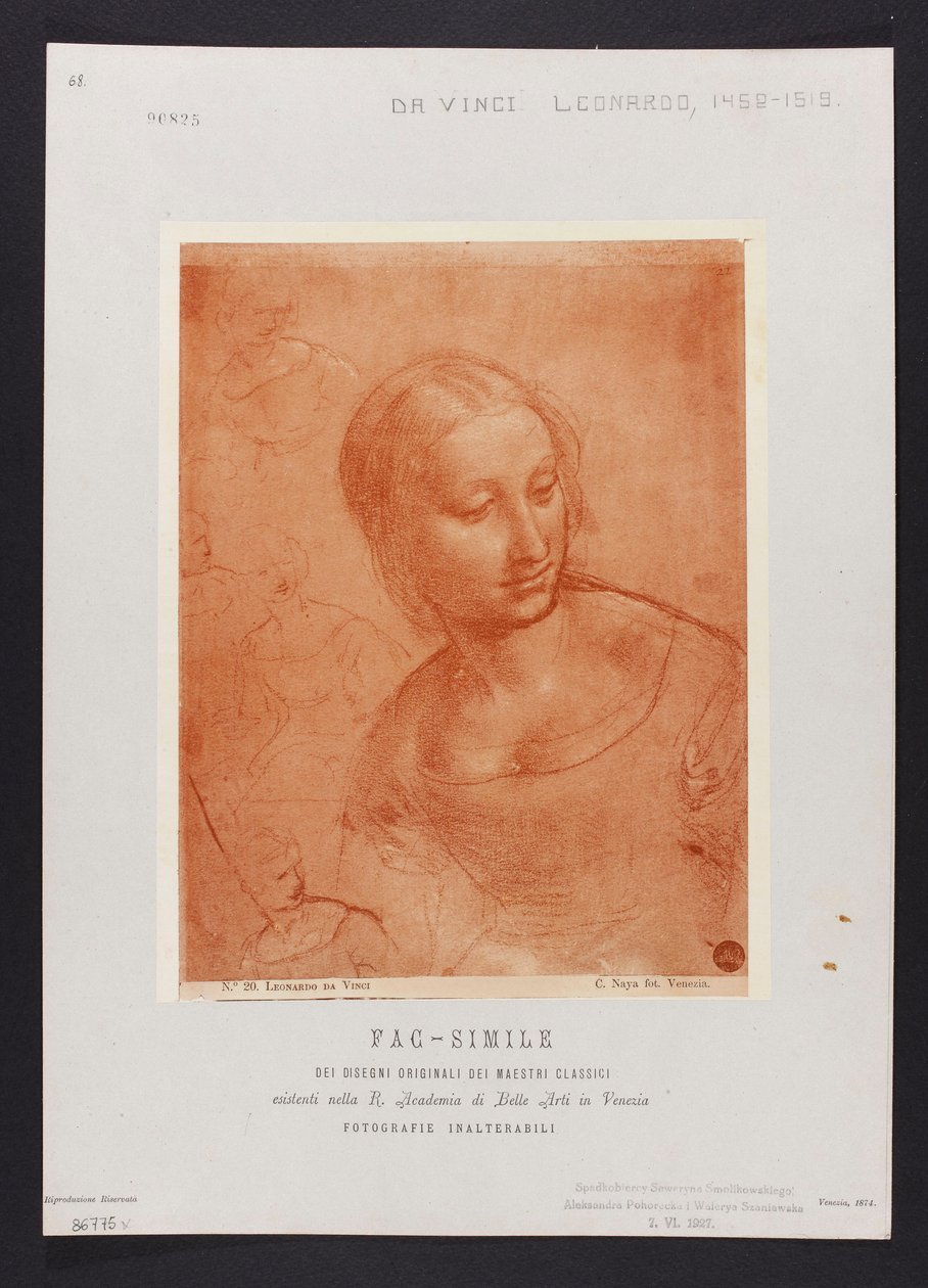 Studie eines weiblichen Büstenbildes, Zeichnung von Leonardo da Vinci (1452-1519) aus der Sammlung der R. Accademia di Belle Arti in Venedig; Tafel aus der Mappe: "Fac-simile dei disegni originali dei maestri classici esistenti nella R. Academia di Belle A - Carlo Naya