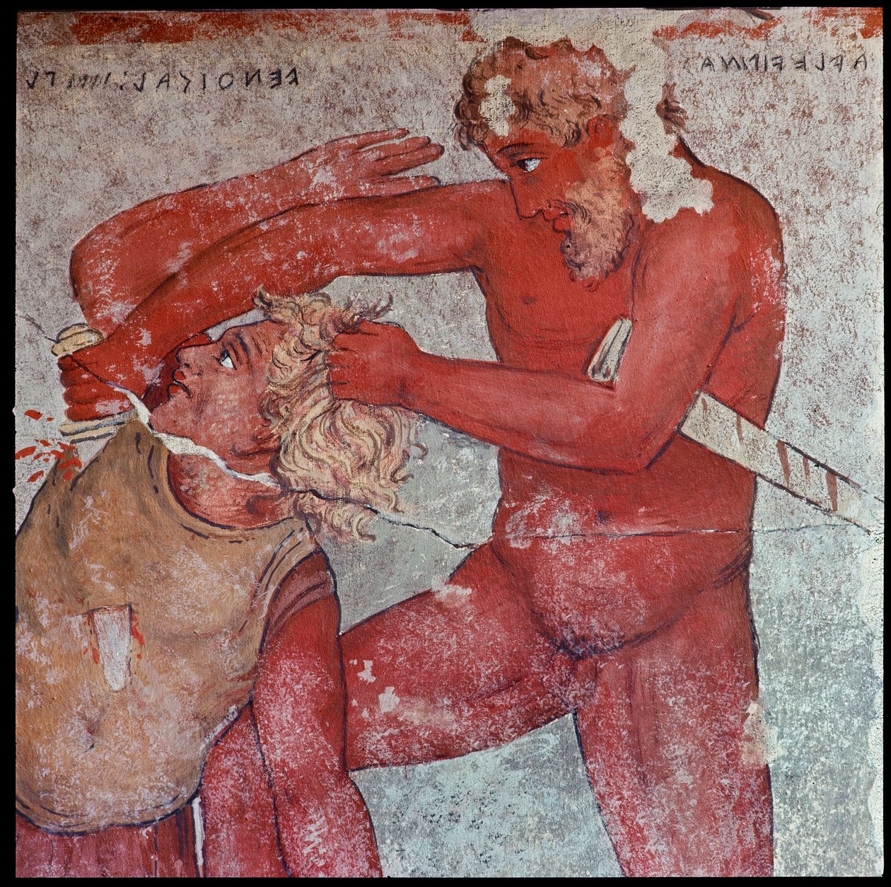 Civilisation étrusque : « représentation du sacrifice des prisonniers troyens en hommage à Patrocle » reproduction par Carlo Ruspi (1786-1863) des fresques du IVe siècle av. J.-C. de la tombe François de Vulci. Florence, Musée archéologique - Carlo Ruspi